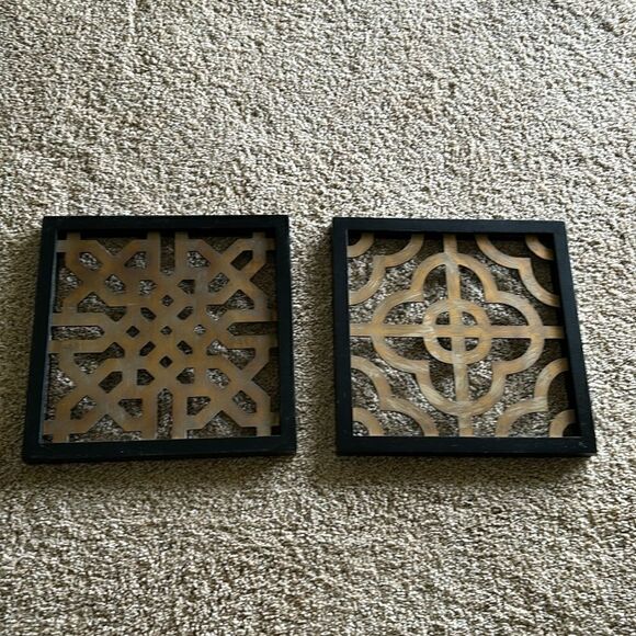 Set of 2 Square Wood Ornate Wall‎ Decor Hanging Black Gold Carvings - Picture 4 of 7